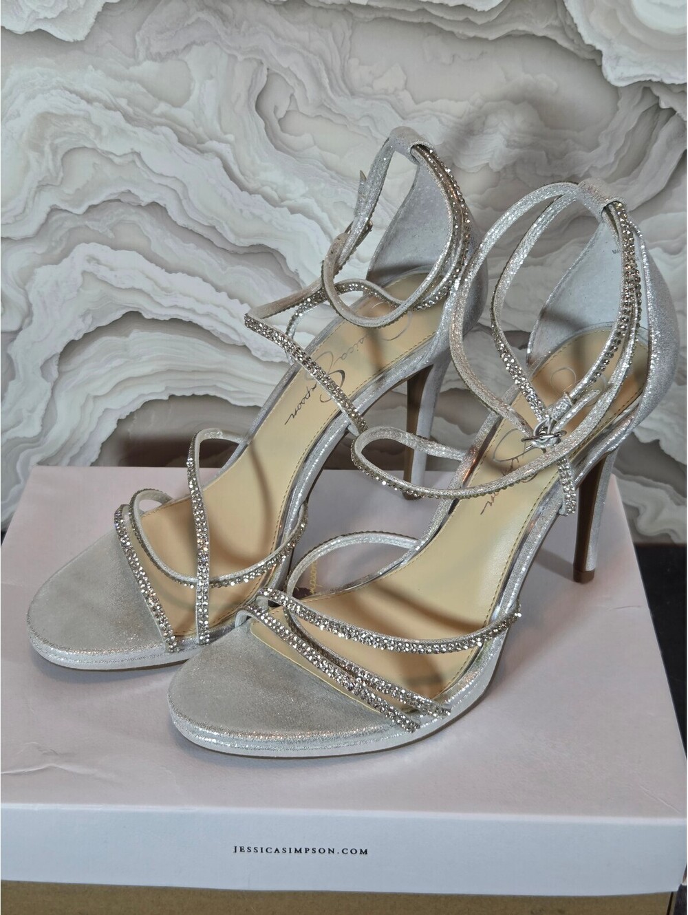 Jessica Simpson Silver Rhinestone Strappy Stiletto Heels Size 9M New